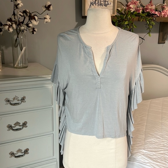 Gray Knit Flowy Western Top Drop Shoulder Waterfall Ruffle Womens XS - Picture 4 of 11